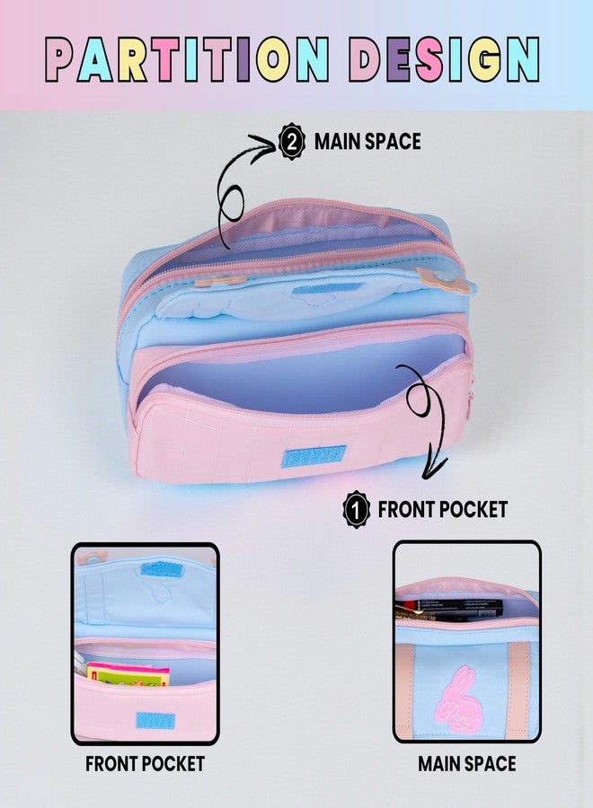 Hexwell حقائب أقلام هيكسويل ذات سعة كبيرة، حقيبة أقلام، حافظة، صندوق، منظم أدوات مكتبية مدرسية للبنات والأطفال (أزرق سماوي + وردي) - Image 3